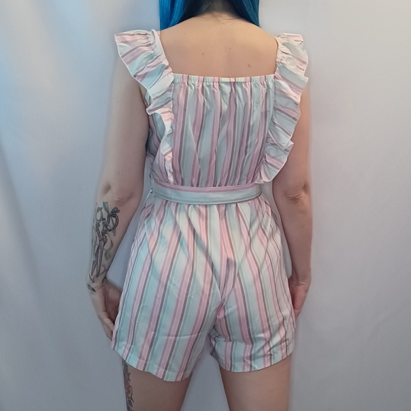 Pastel Pinks & Aqua Striped Ruffle Romper. - Picture 5 of 5